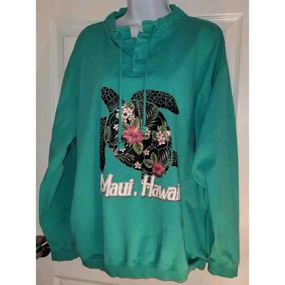Vintage ALOHA Maui Hawaii Sea Turtle Beach  Teal Sweatshirt Graphic Floral XL - Picture 4 of 7